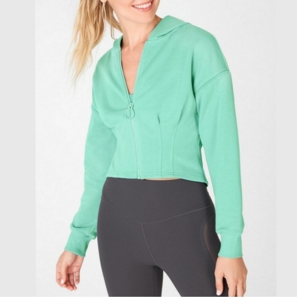 Fabletics Dakota Blue Mesh Corset Cropped Zip Up Hooded Sweatshirt